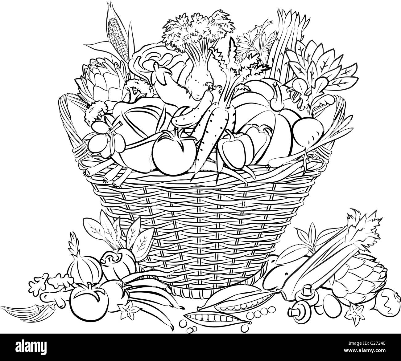 vector illustration of basket full of vegetables in line art mode Stock Vector