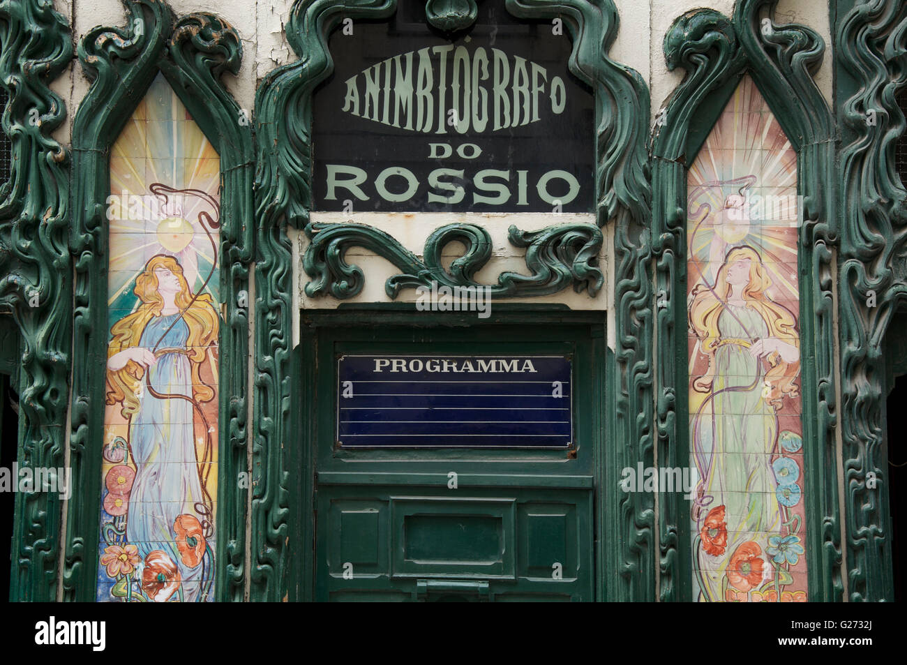 A detail of the decorative Art Nouveau façade of the Animatógrafo do Rossio, possibly Lisbon’s oldest surviving cinema. Portugal Stock Photo