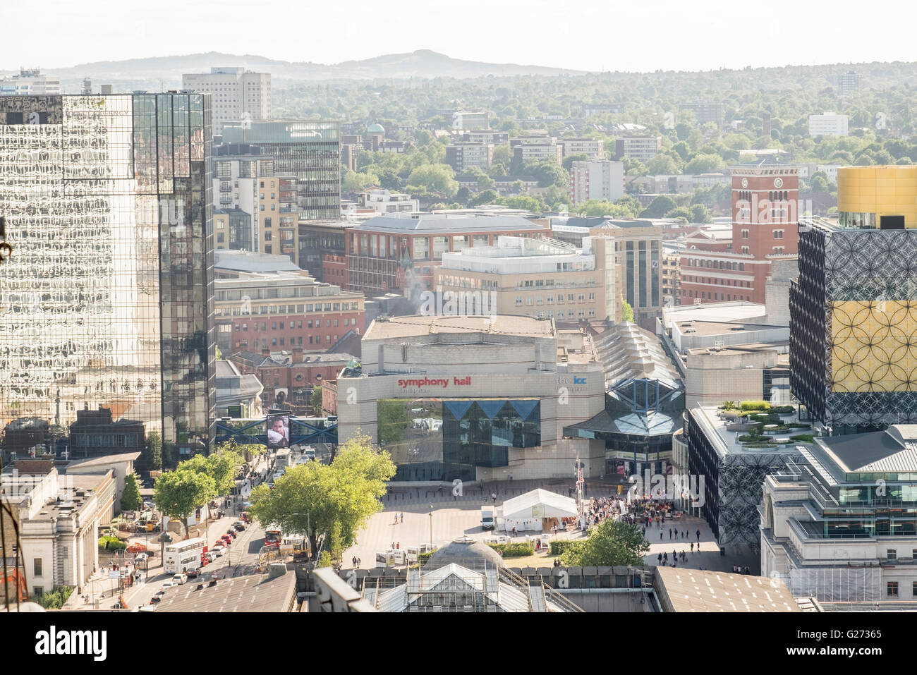 Aerial photograph of Birmingham City Centre, England. Symphony Hall and the ICC in Centenary Square. Stock Photo