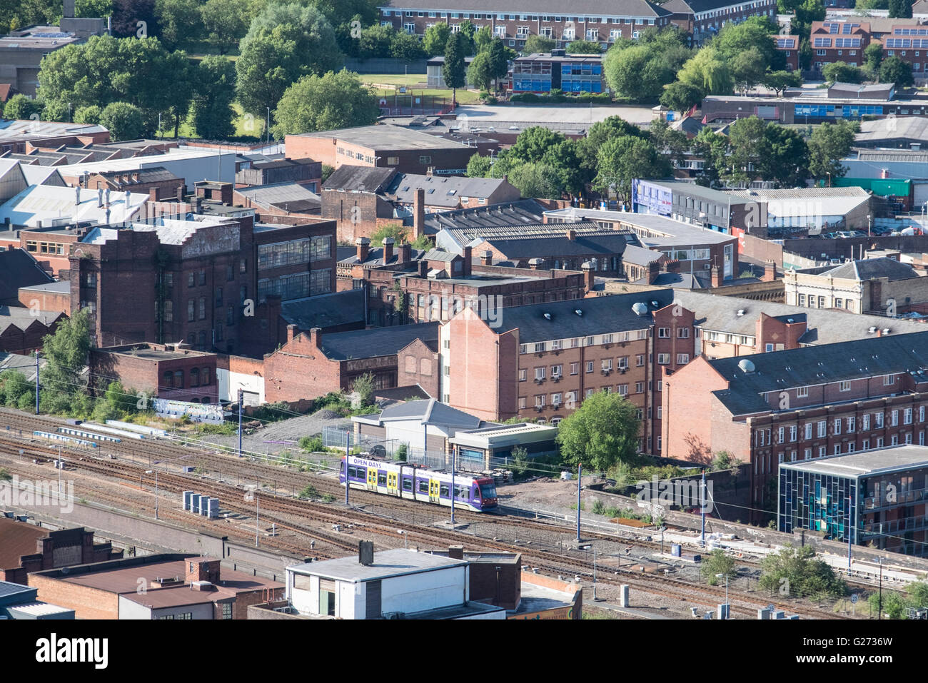 Aerial photograph of Birmingham City Centre, England. The Metro trains arriving in to Birmingham from the Jewellery Quarter. Stock Photo