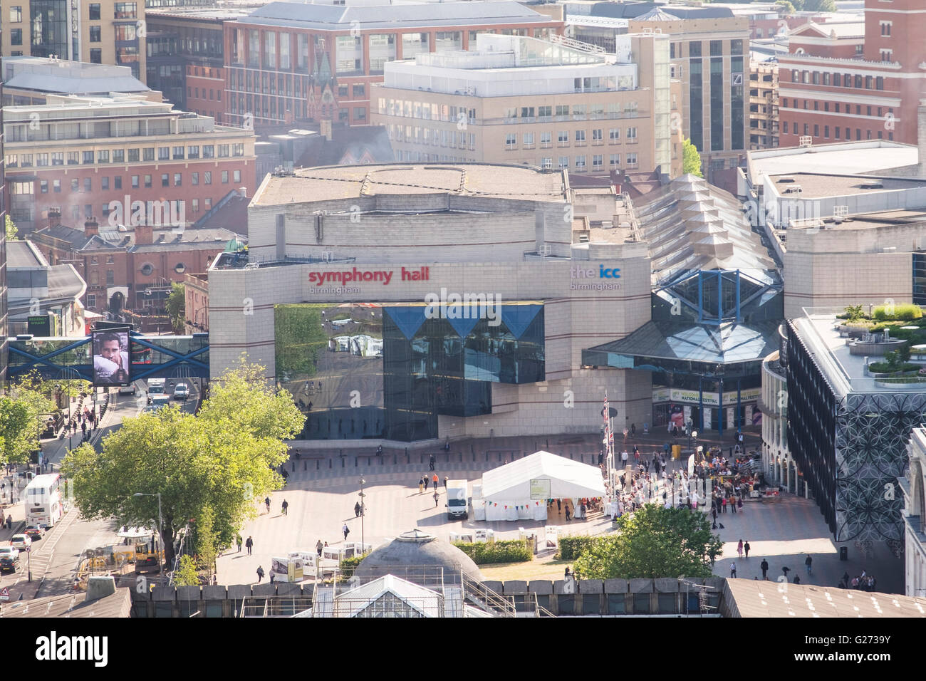 Aerial photograph of Birmingham City Centre, England. Symphony Hall and the ICC in Centenary Square. Stock Photo