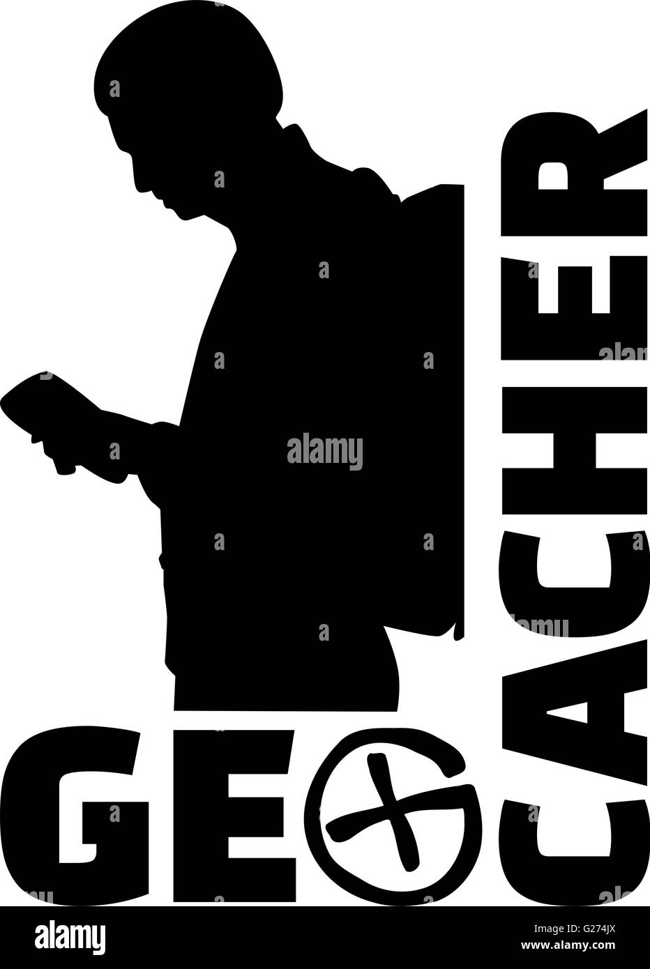 Geocacher word with icon and man Stock Vector