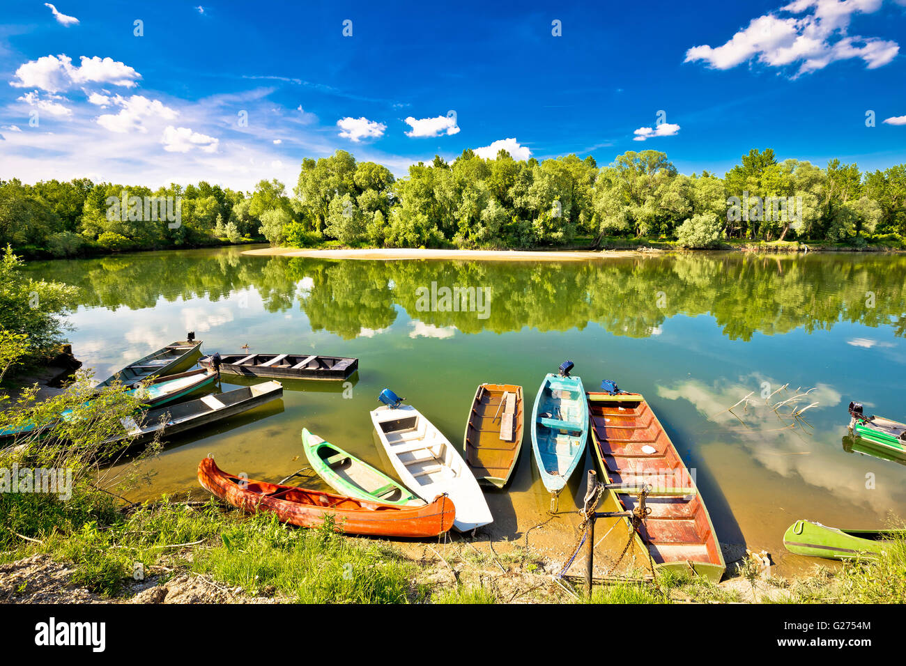 Colorful boats on mouth of Drava and Mura rivers , Podravina region of Croatia Stock Photo