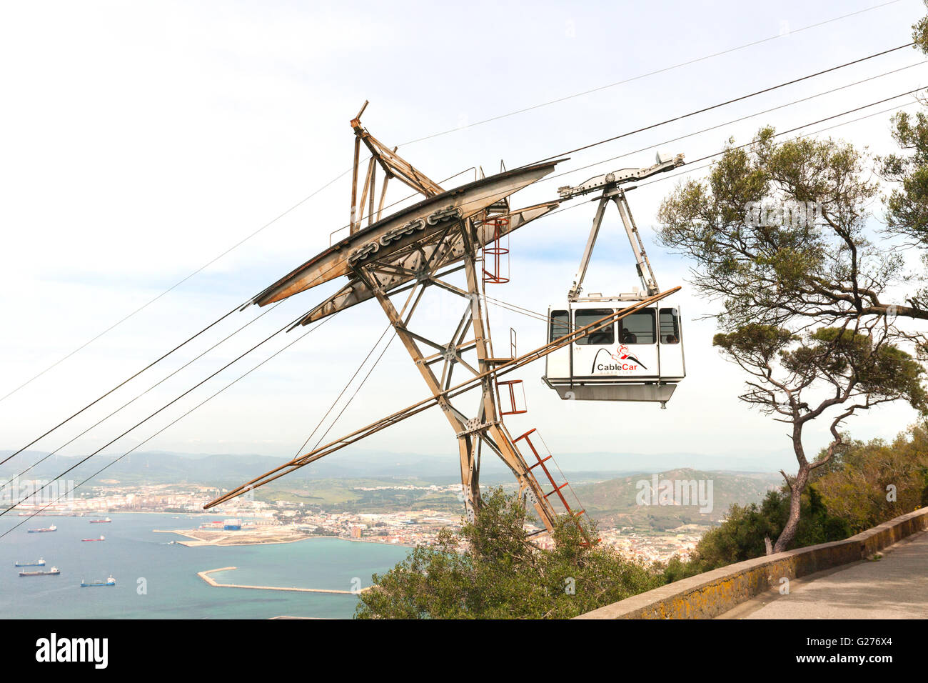 The cable car taking tourists to the top of the Rock of Gibraltar ...