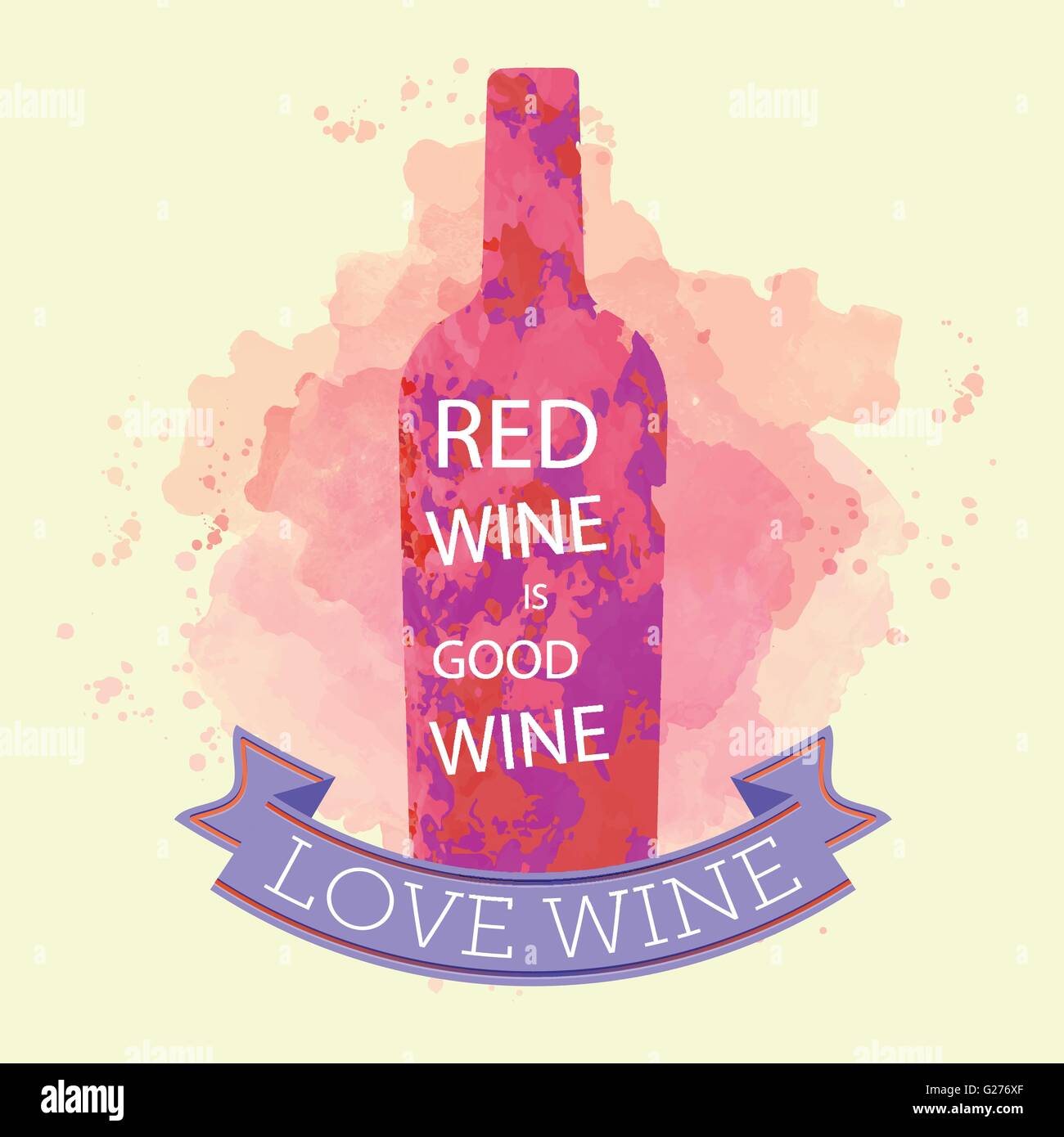 Red wine tasting and love card, bottle with inscription over a colored ...