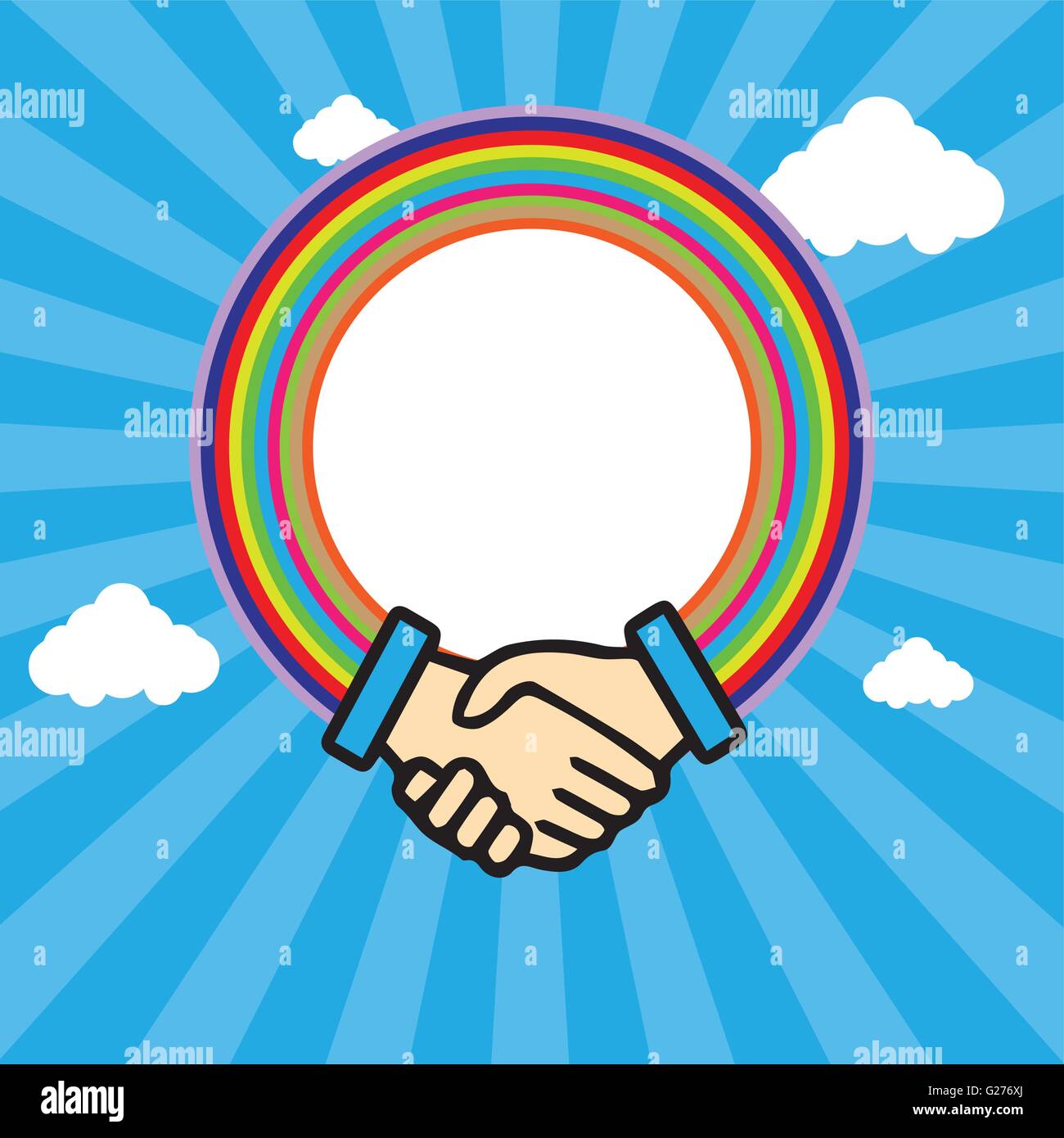 Shaking hands in outline with rainbow circle over a blue sky background in lines with white clouds. Digital vector background Stock Vector