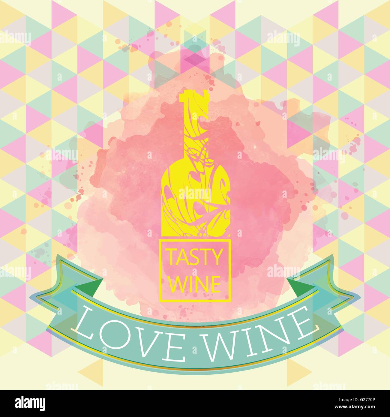 Red wine love and tasting card, yellow bottle over water color ...