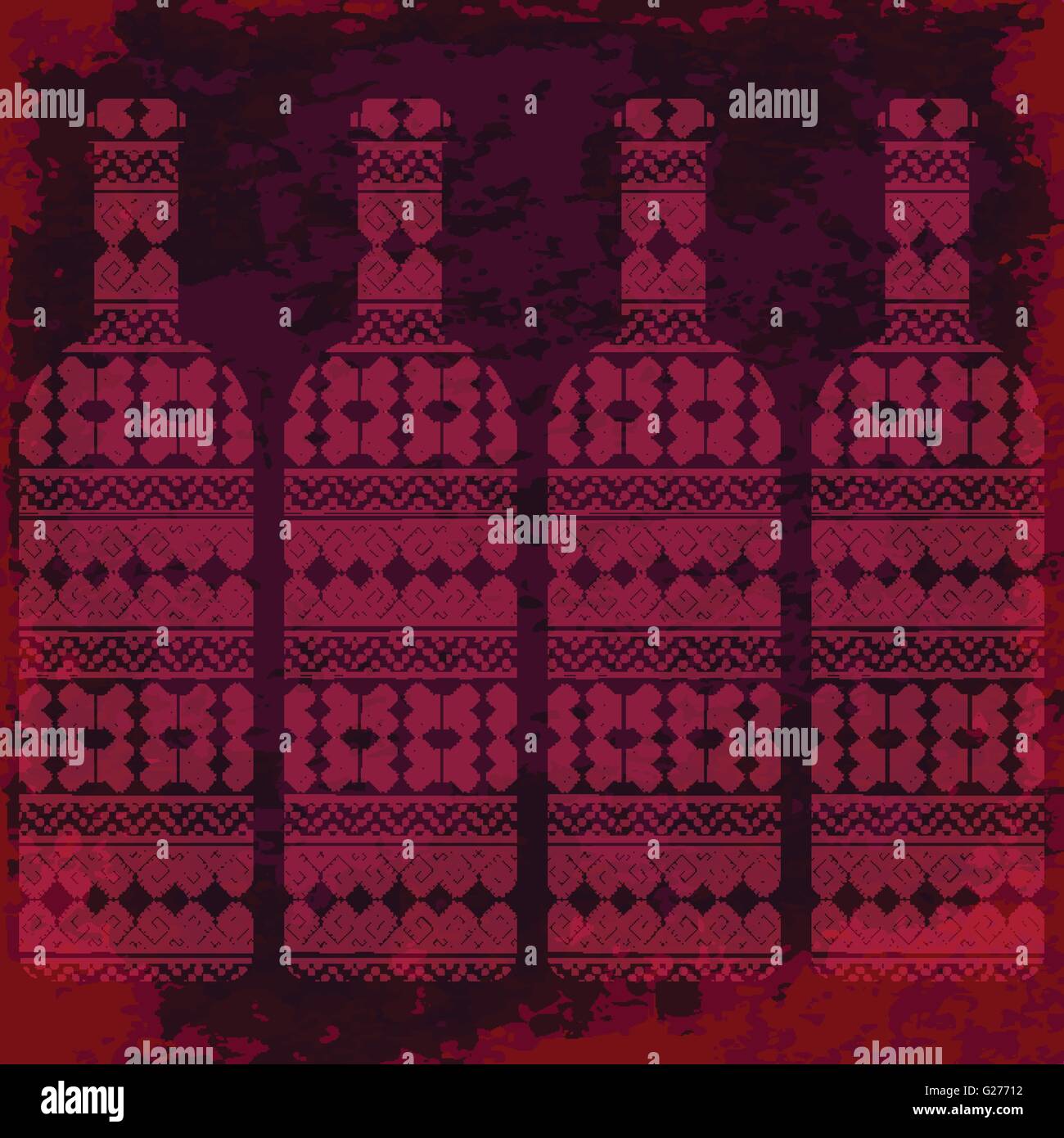 Wine tasting card, four bottles of red wine with pattern over dark ...