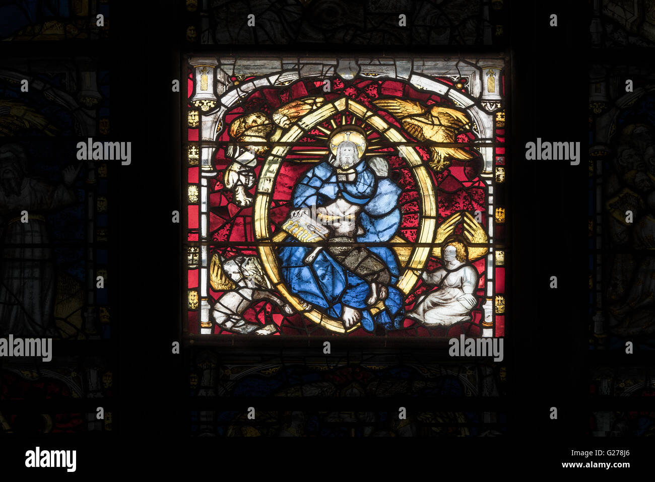 One of the117 story panels in the medieval stained glass window at the
