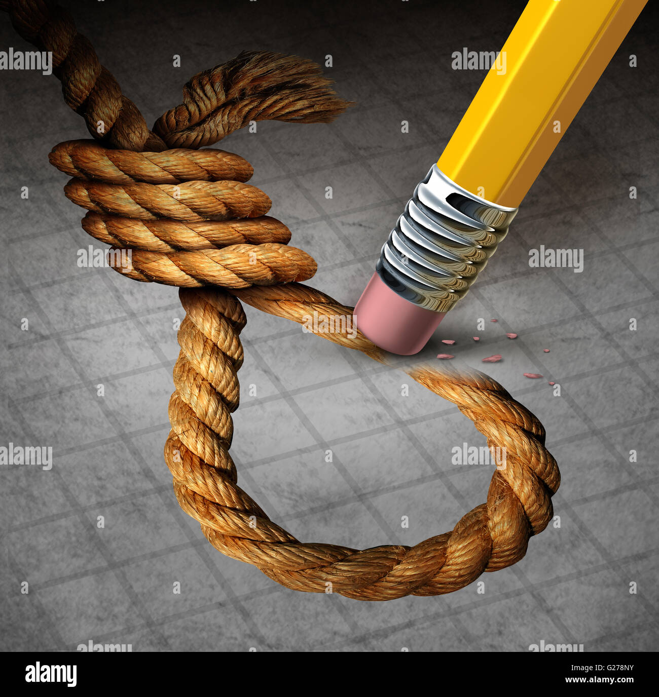 Suicide prevention psychology therapy and psychiatrist or psychologist treatment to stop depressed suicidal people from ending thier lives or hurting themselves as pencil erasing a noose with 3D illustration elements. Stock Photo