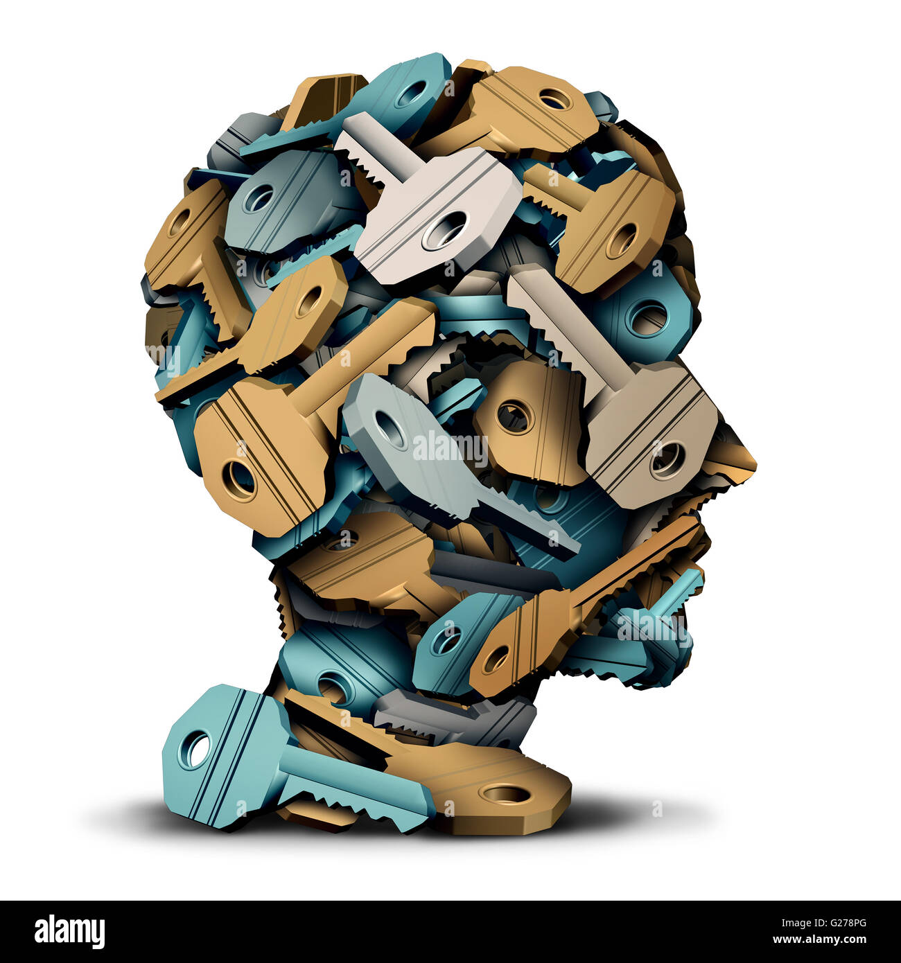 Key head concept as a group of 3D illustration keys grouped together in the shape of a human face as a security solution and intelligence metaphor. Stock Photo