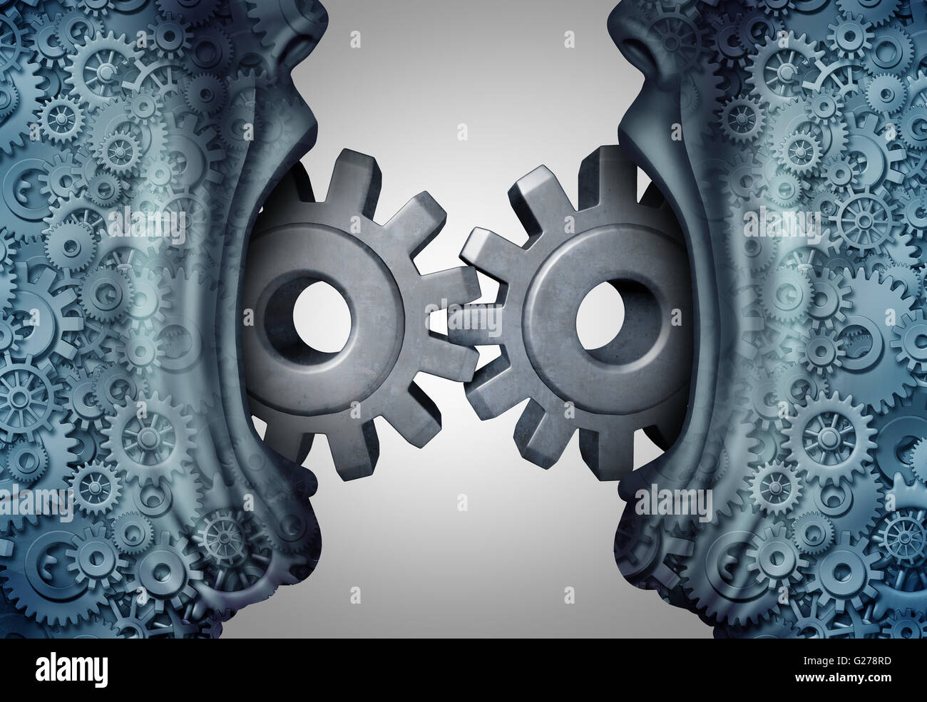 Concept of business communication and industry exchange symbol as two people with open mouths communicating connecting gears and cog wheels with 3D illustration elements. Stock Photo