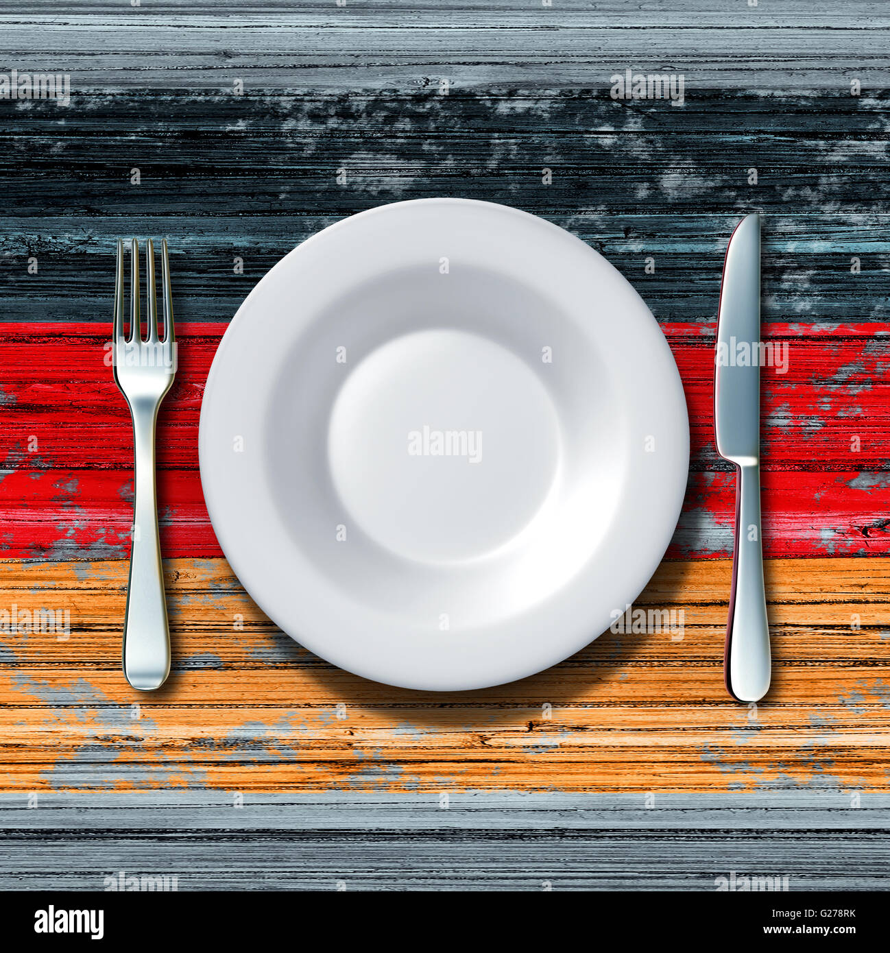 German cuisine food concept as a place setting with knife and fork on an old rustic wood table with an icon flag of Germany as an icon of traditional eating in Berlin with 3D illustration elements. Stock Photo