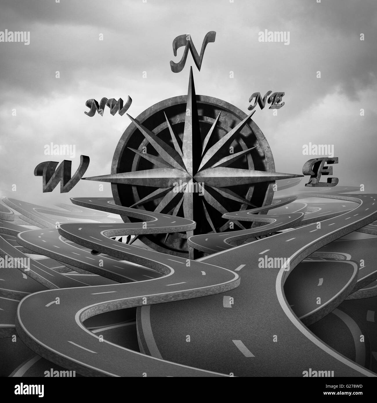 Concept of navigation as a business compass symbol or moral compass icon in a group of roads and pathway routes as a journey metaphor for destination vision as a 3D illustration. Stock Photo