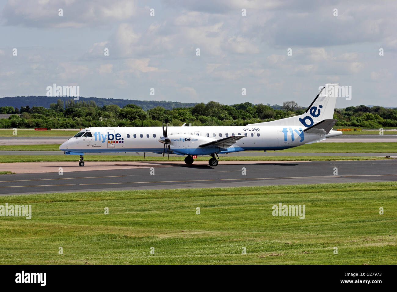 Flybe Saab 2000 aeroplane taxiing at Manchester International Airport Stock Photo