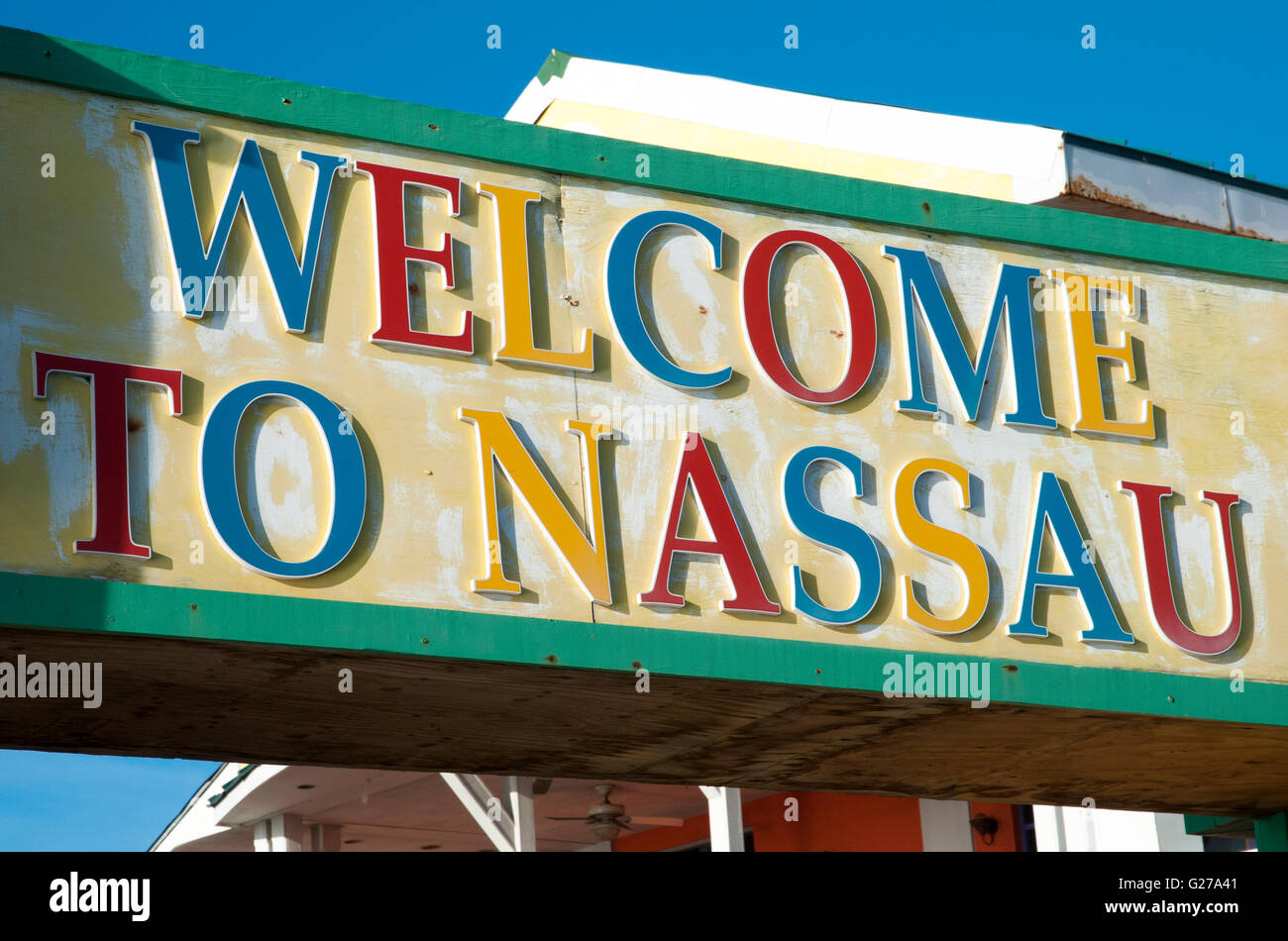 The welcome sign to Nassau city, one of the most popular ports of call in Caribbean (The Bahamas). Stock Photo