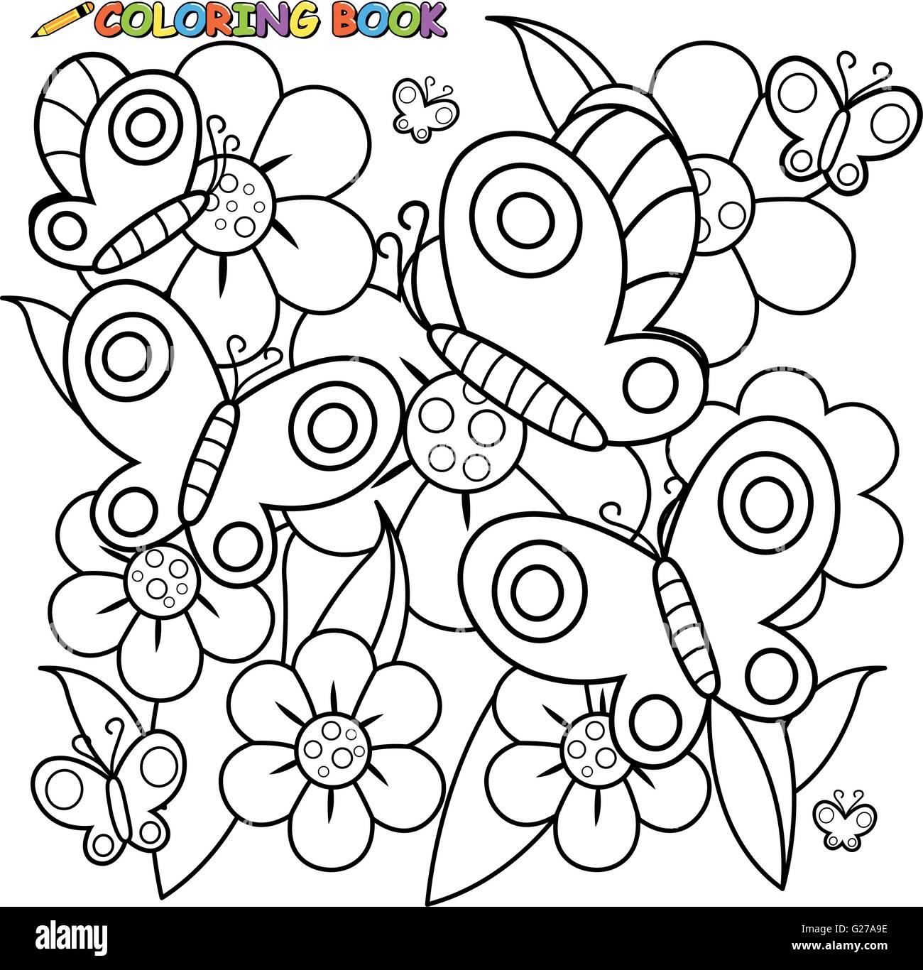 Coloring book page butterflies and flowers. Stock Vector