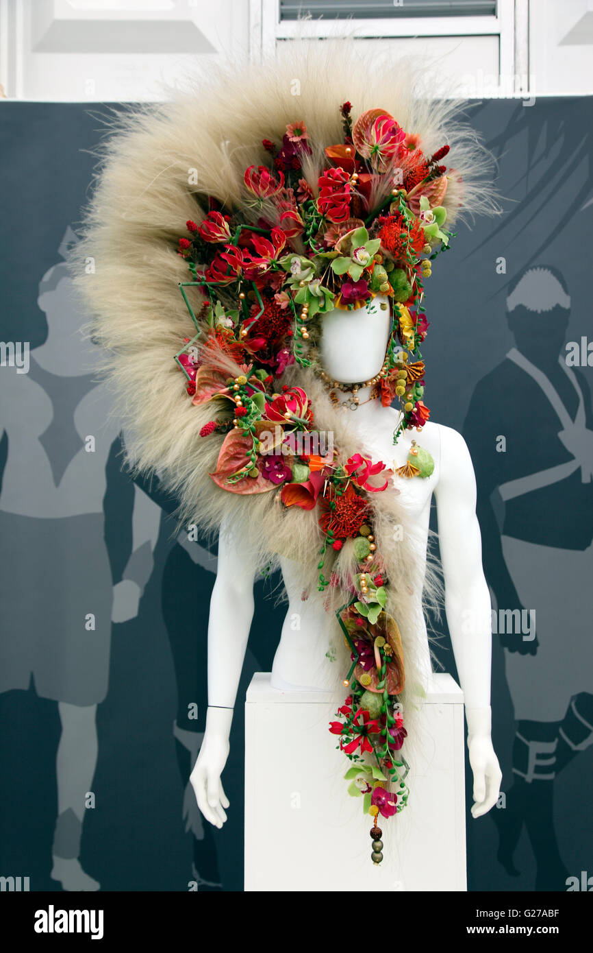 Fantasy floral headgear in the Great Palilion, RHD Chelsea Flower Show 2016 Stock Photo