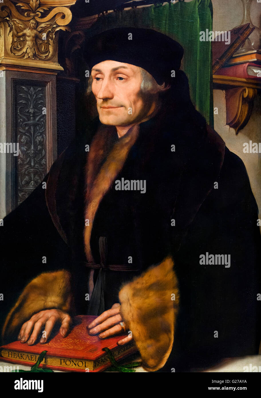 Erasmus. Portrait of Desiderius Erasmus Roterodamus (1466-1536), by Hans Holbein the Younger, 1523 Stock Photo