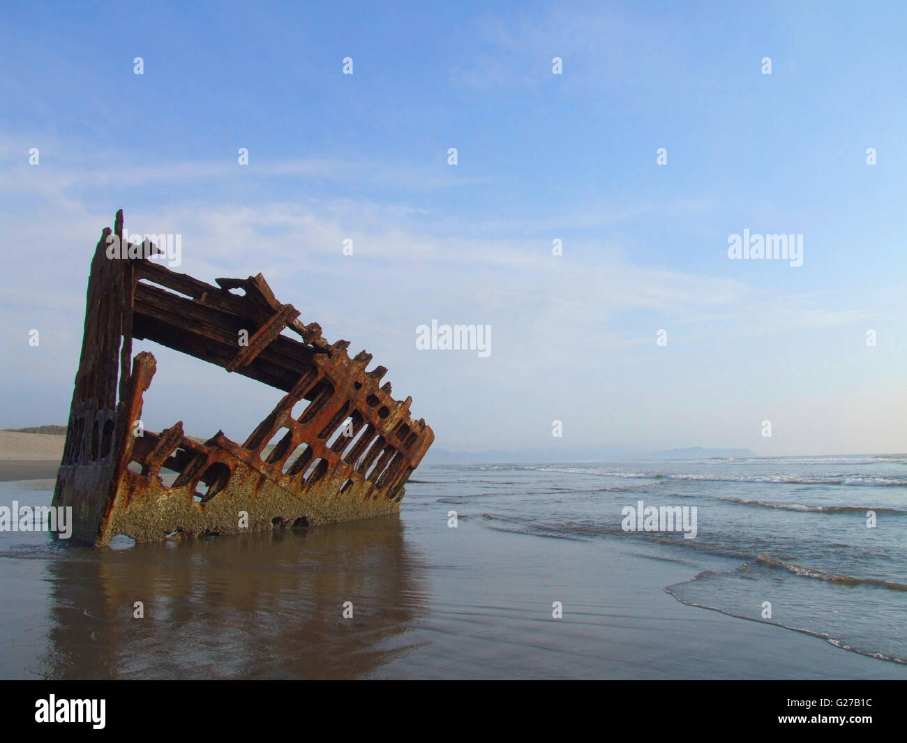 Only the ribs of the Peter Iredale remain.  Wrecked on the Oregon coast in 1906, struggling during  bad weather. Stock Photo