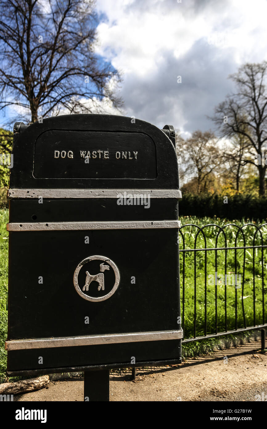 Dog waste only litter / rubbish bin in centennial park, London Stock