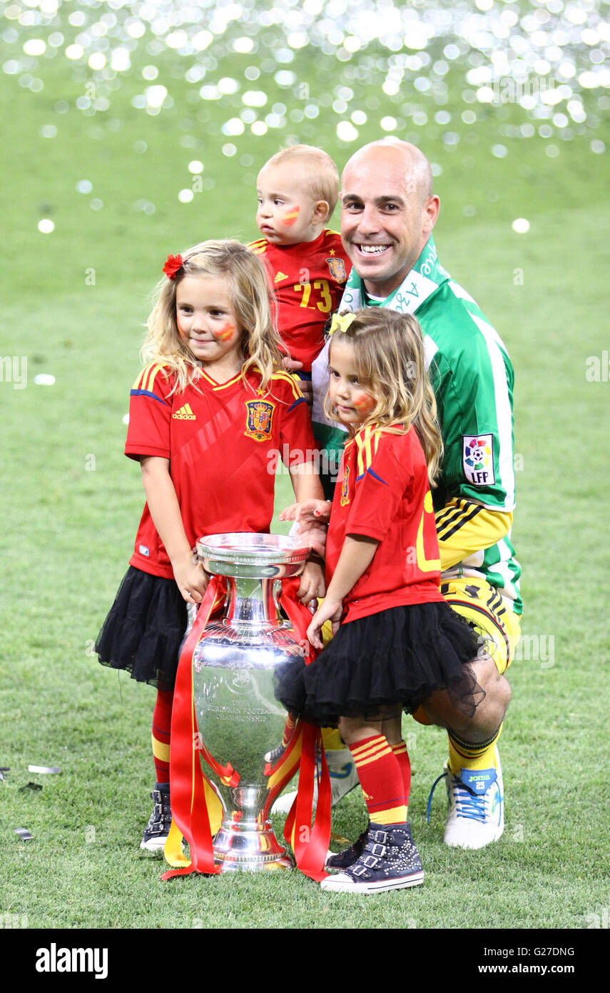 Pepe Reina of Spain poses for a photo with his children after UEFA EURO 2012 Final game against Italy Stock Photo