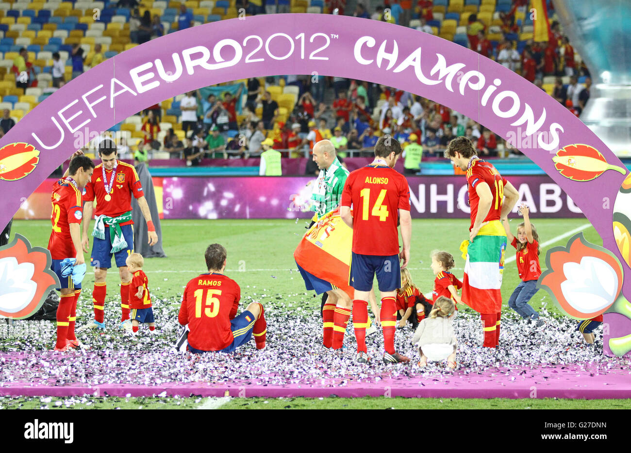 Players of Spain national football team celebrates their winning of the UEFA EURO 2012 Championship after the final game Stock Photo