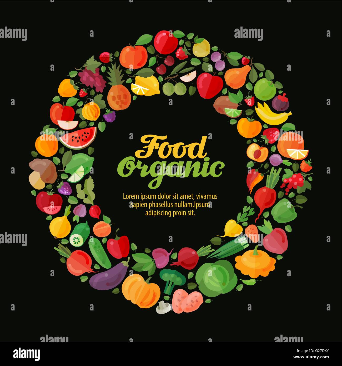 organic food. collection fresh fruits and vegetables made in flat style ...