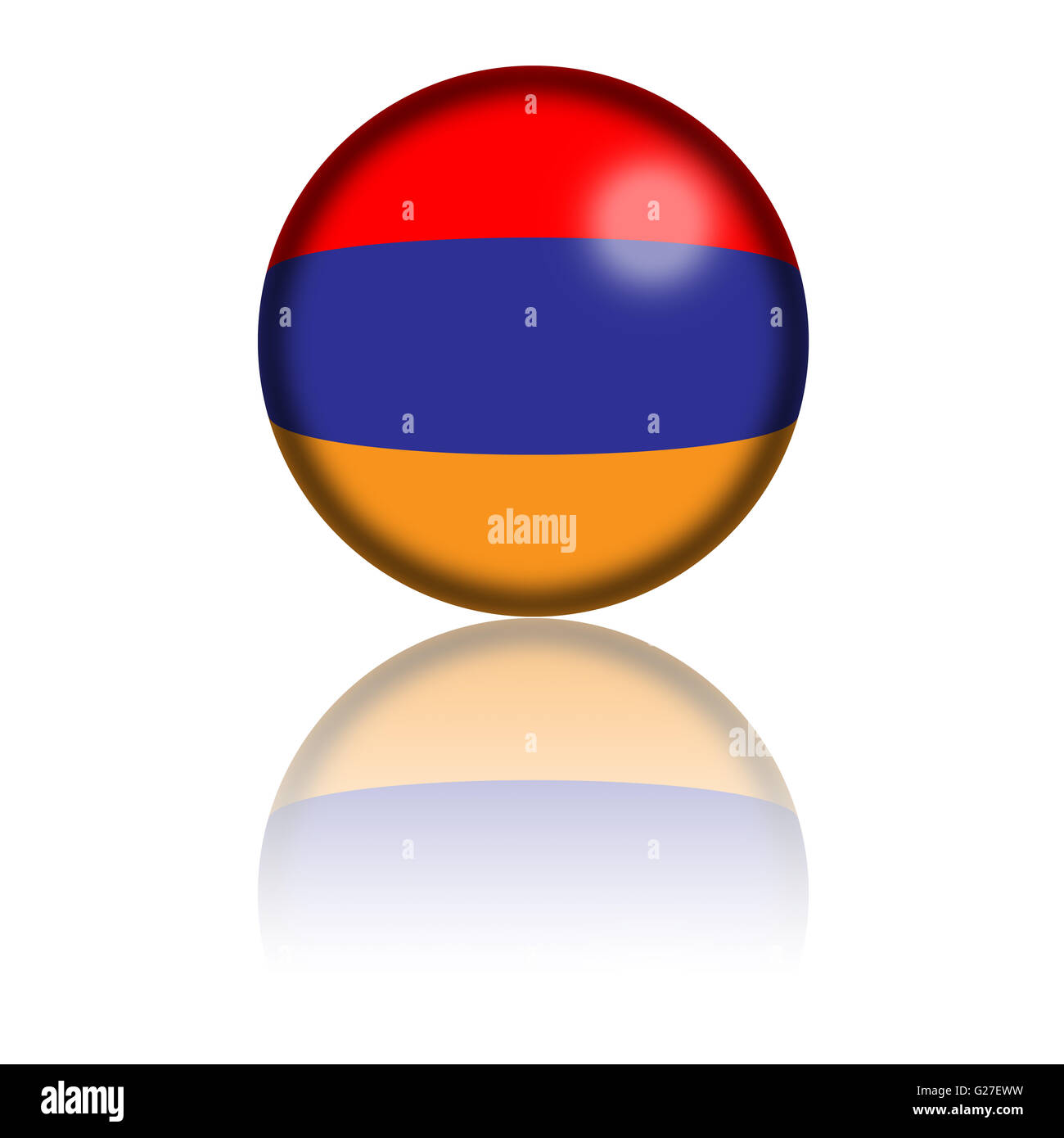 3D sphere or badge of Armenia flag with reflection at bottom. Stock Photo