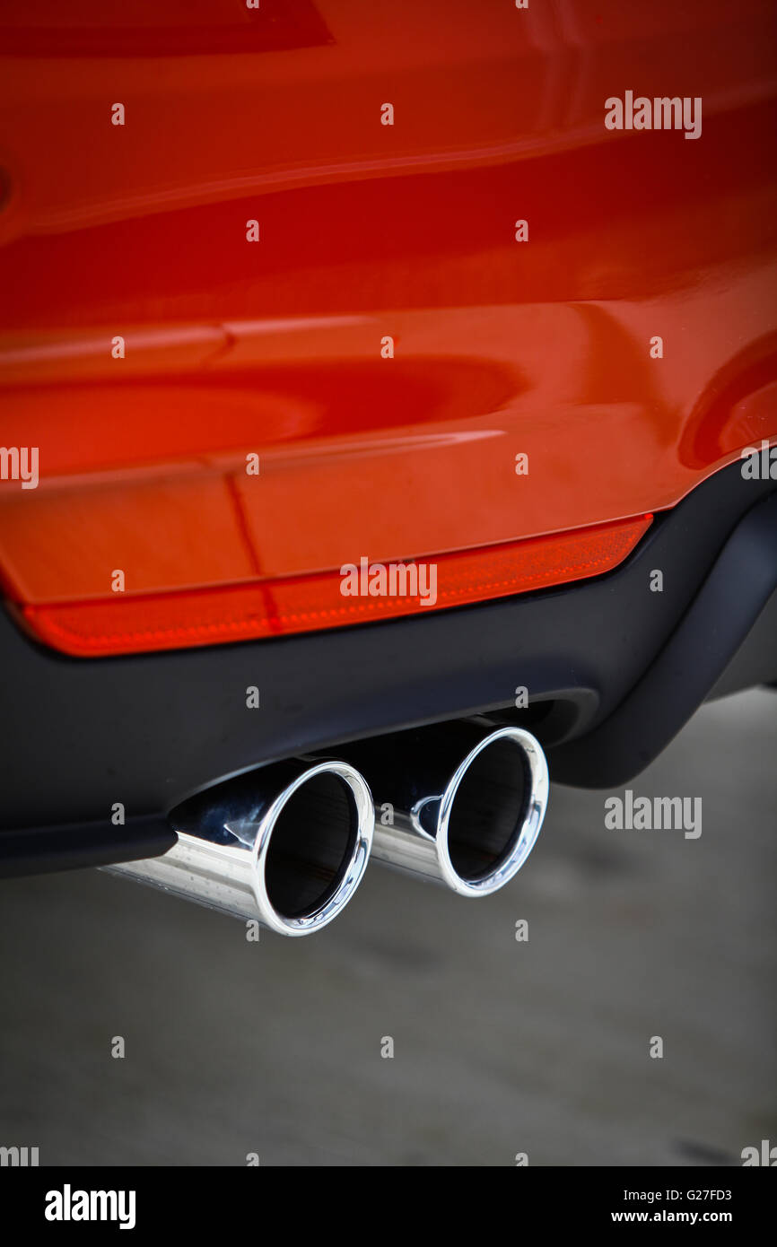 Detail of the double exhaust of a car Stock Photo Alamy