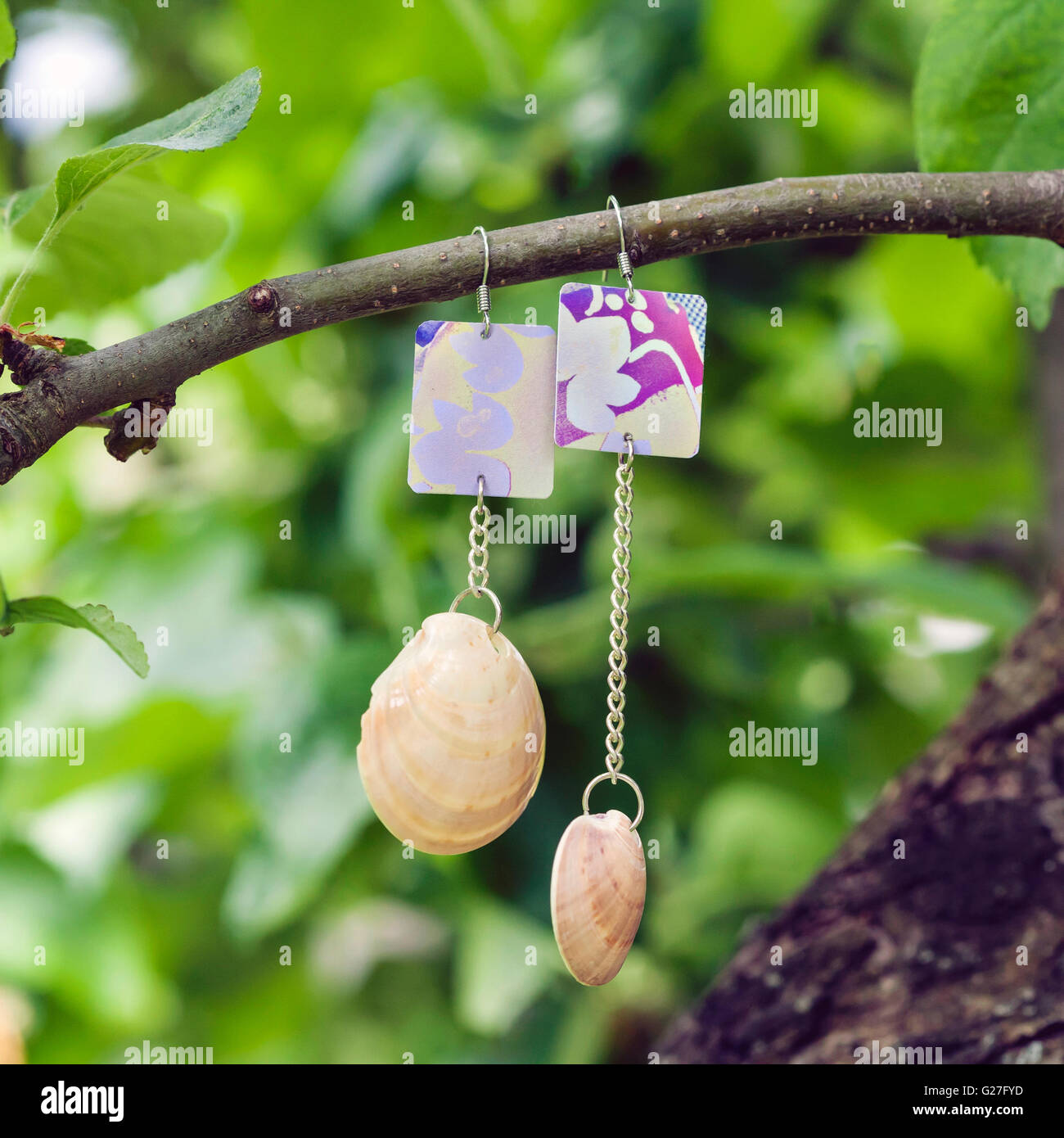 Original earrings with shells hanging on the tree Stock Photo