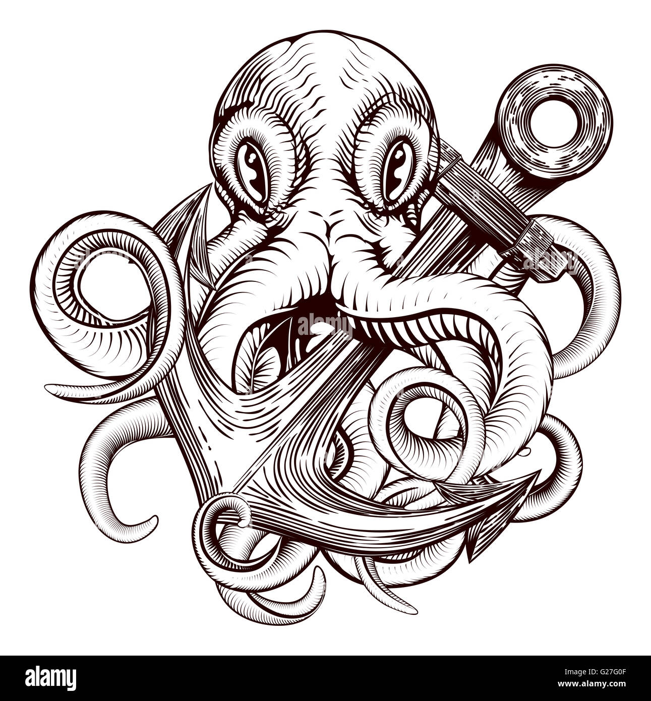 An original illustration of a tattoo of an octopus holding a ships anchor in a vintage woodblock style Stock Photo