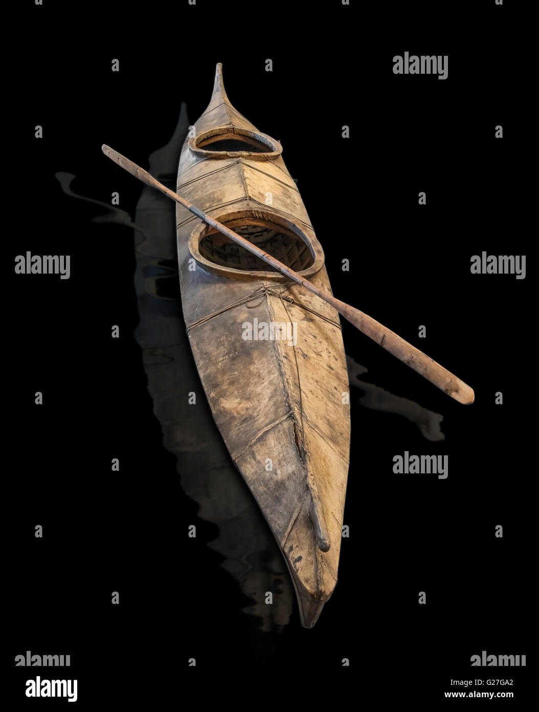 A Skin Kayak typical of craft built by Eskimos.The Inuit People are native to the Arctic regions,N.America,Greenland,and Russia Stock Photo