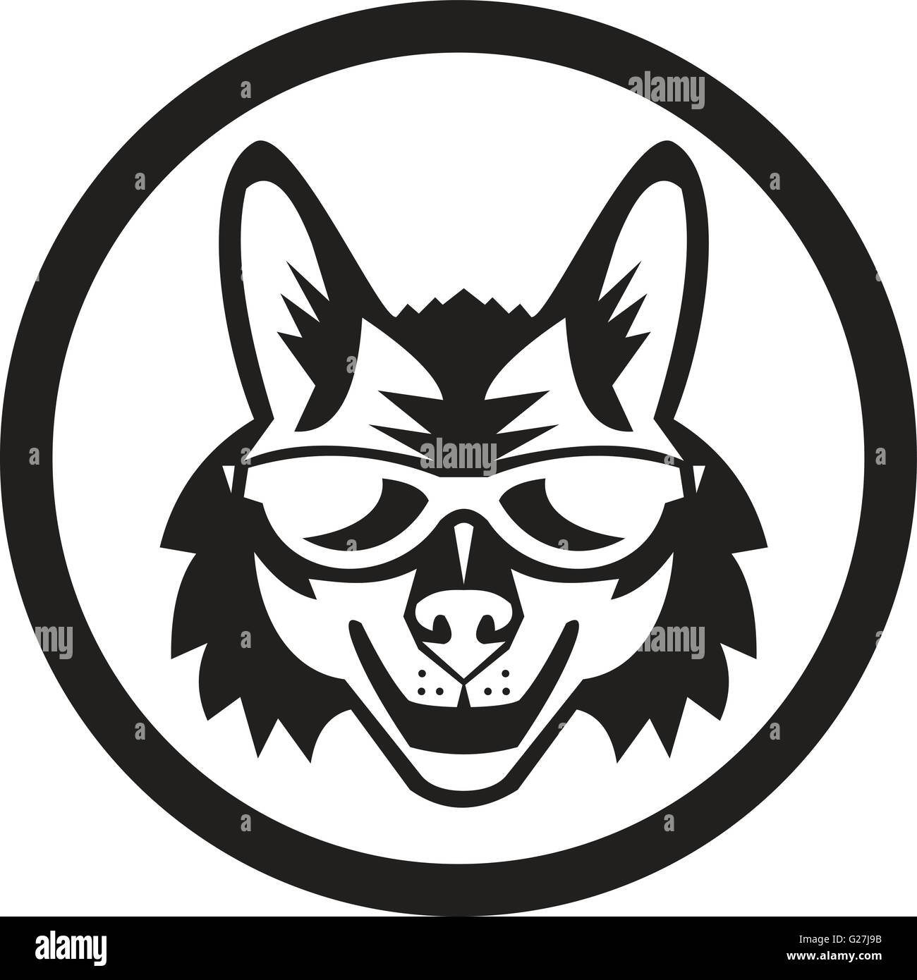 Illustration of a coyote wolf wearing sunglasses viewed from front set inside circle on isolated background done in retro style. Stock Vector