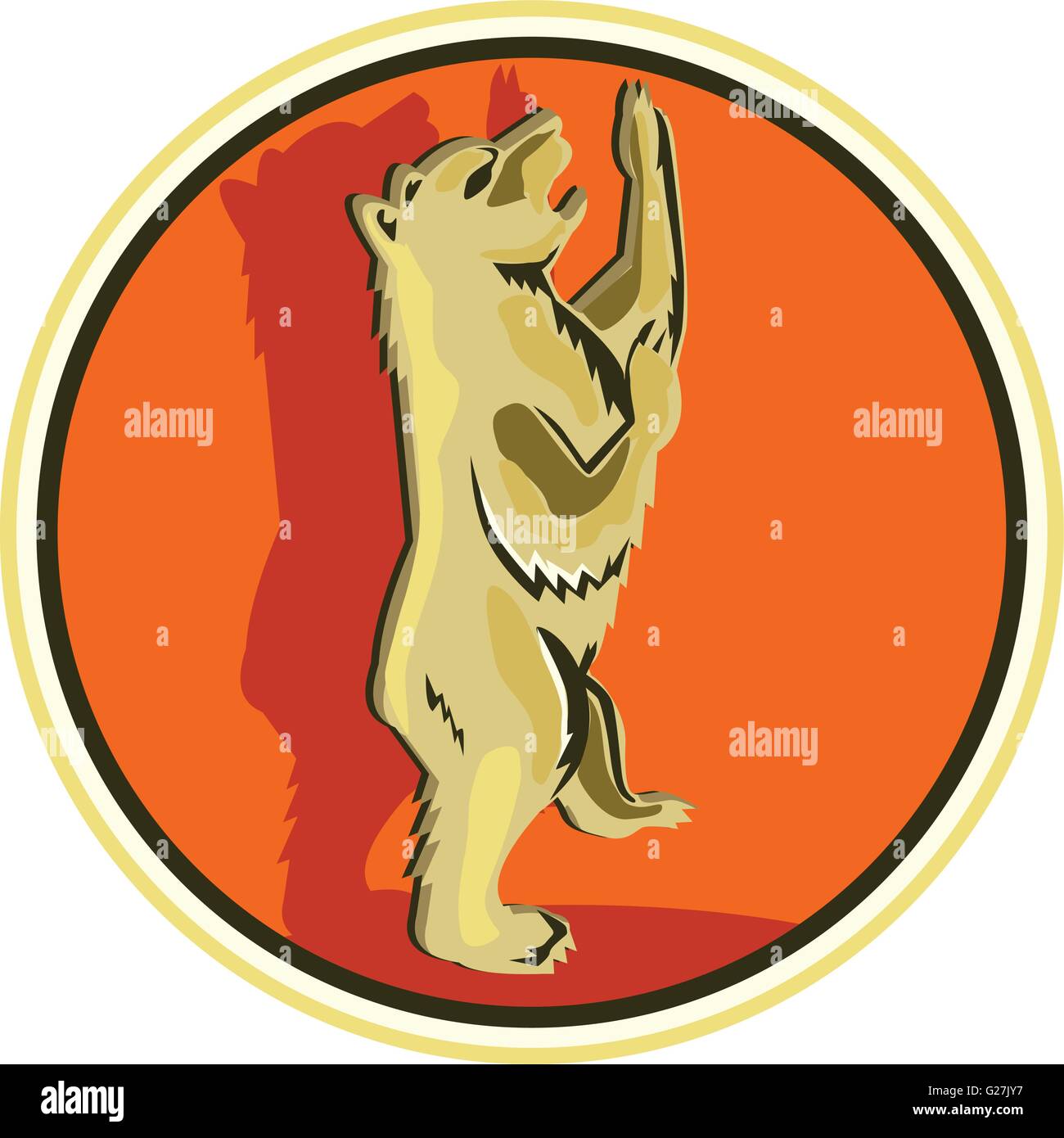 Illustration of a grizzly brown gold bear standing with paws in the air viewed from the side set inside circle done in retro style. Stock Vector