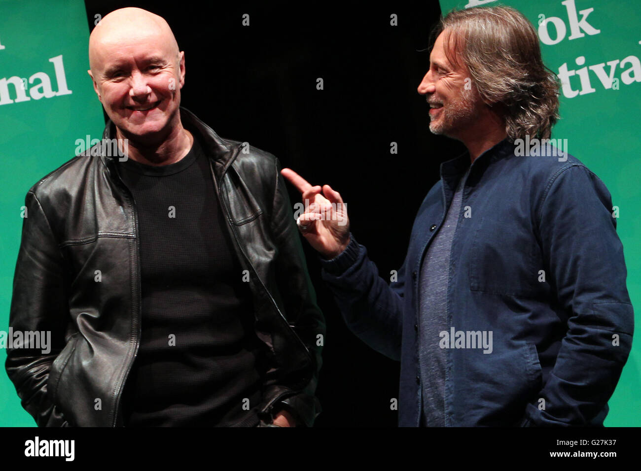Irvine Welsh and actor Robert Carlyle pose for a picture at the Usher Hall Edinburgh ahead of them taking part in an event at the Edinburgh International Book Festival.  Featuring: Irvine Welsh and actor Robert Carlyle pose for a picture at the Usher Hall Stock Photo