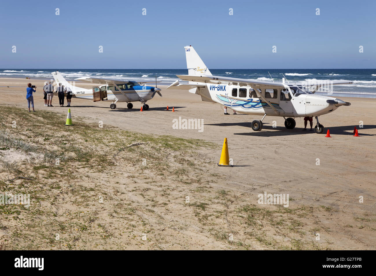 Cessna aircraft on 75 Mile Beach Road, official Highway and airfield, UNESCO World Heritage Site, Fraser Island Stock Photo