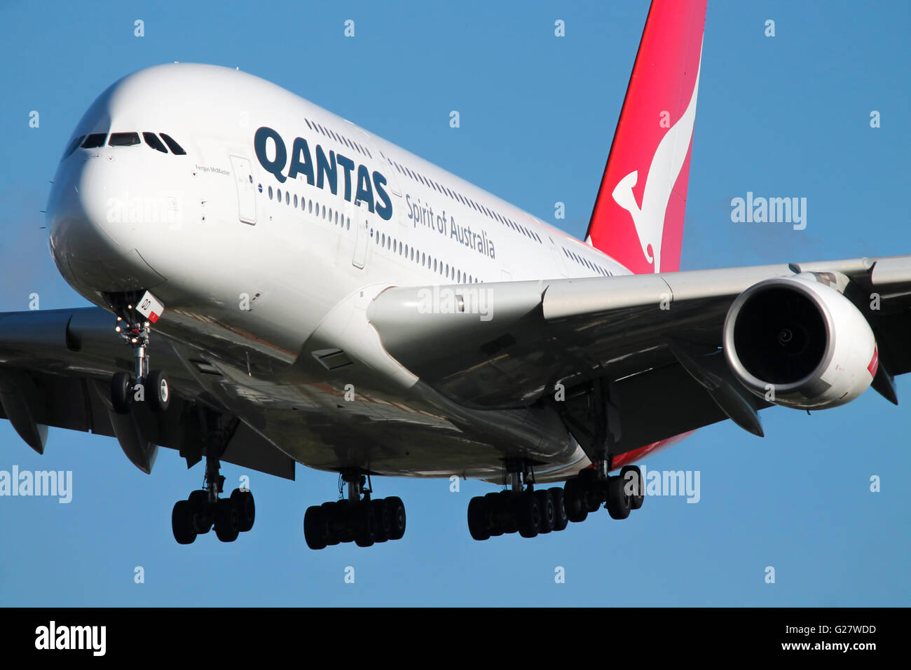 Qantas Airbus A380-800 approaches runway 27L at London Heathrow airport. Stock Photo