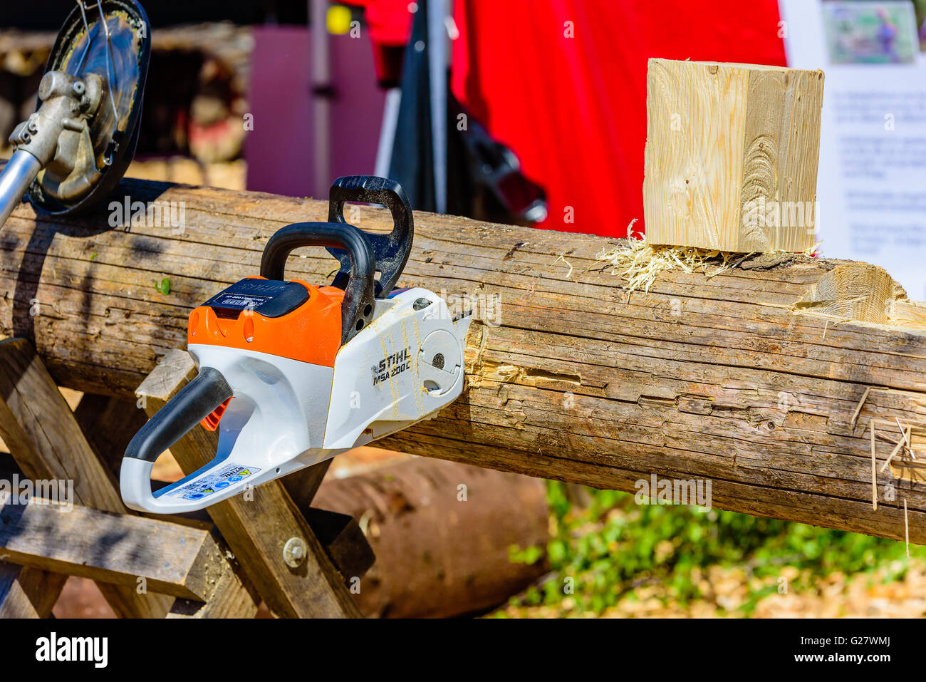 Emmaboda, Sweden - May 13, 2016: Forest and tractor (Skog och traktor) fair. Stihl MSA 200c battery powered electrical chainsaw Stock Photo