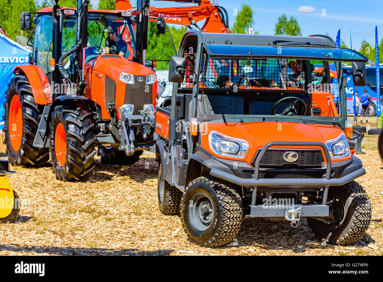 Emmaboda, Sweden - May 13, 2016: Forest and tractor (Skog och traktor) fair. Kubota 4WD utility vehicle RTV x900 with tractor in Stock Photo