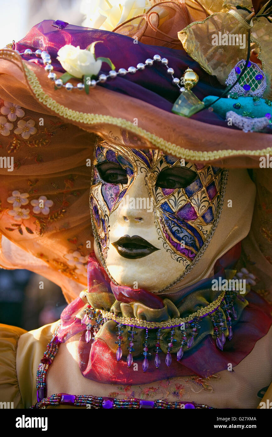 Venice Carnival: Piazzetta San Marco, Venice, Italy.  Head and shoulders portrait of a masked reveller's beautiful costume Stock Photo