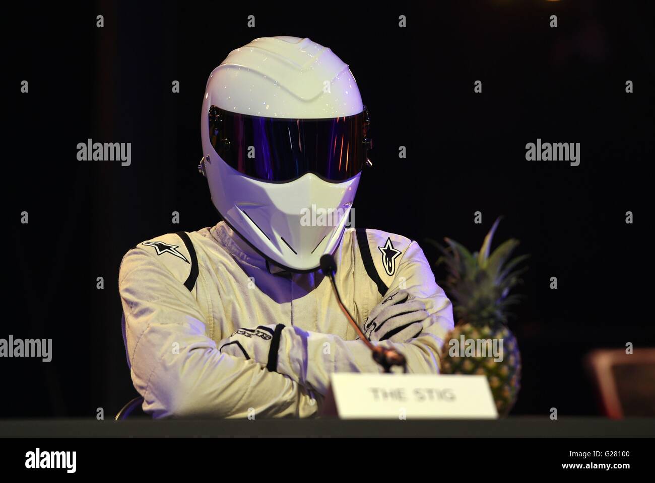 Top Gear presenter The Stig at a press conference during the launch of the  car show at Dunsfold Aerodrome in Surrey, as it returns to BBC Two on May  29 at 8pm