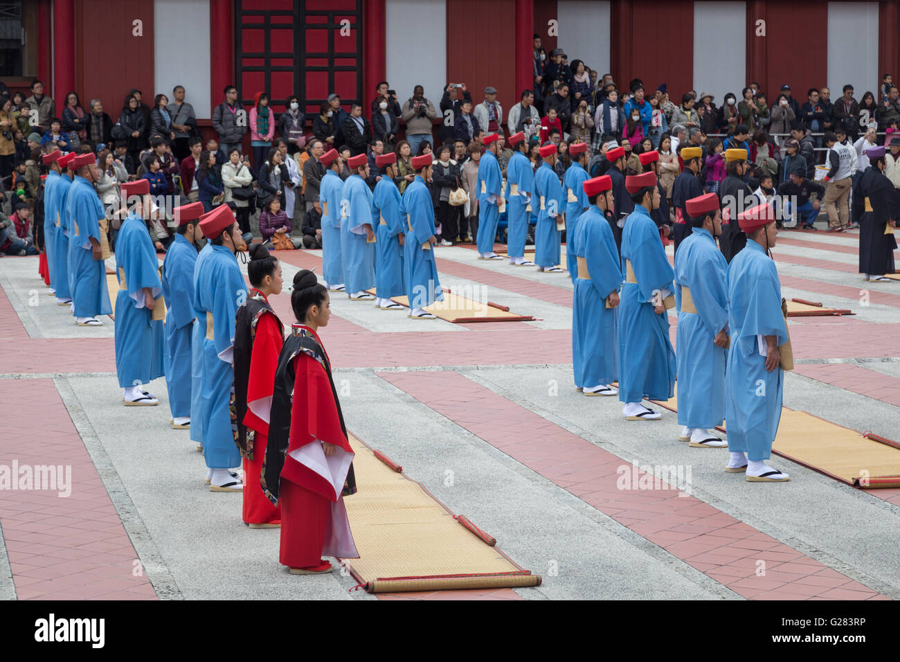 Okinawa, Japan - January 02, 2015: Dressed people at the traditional New Year celebration at Shuri-jo castle. Stock Photo