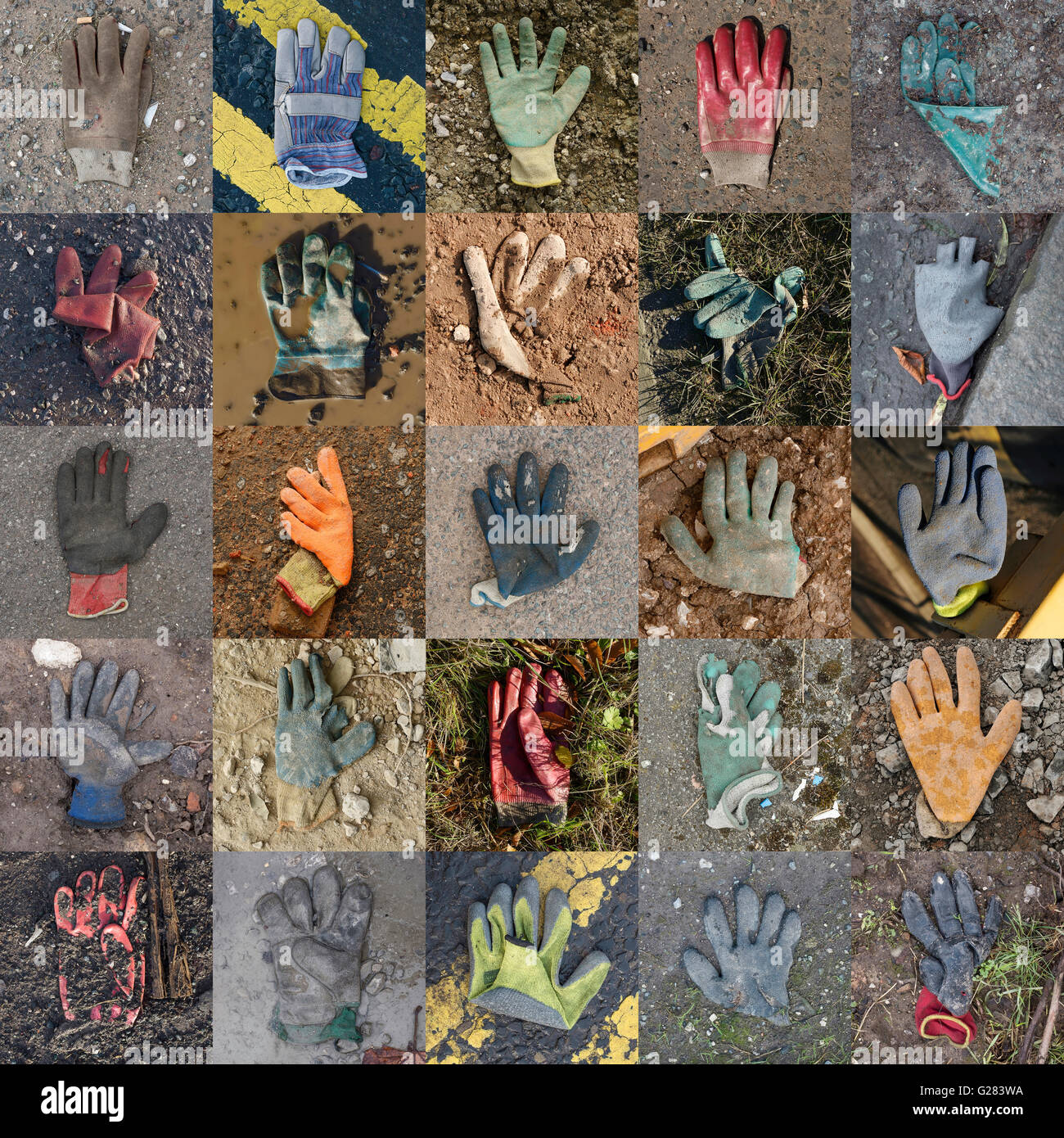 Collection of 25 lost and found gloves Stock Photo
