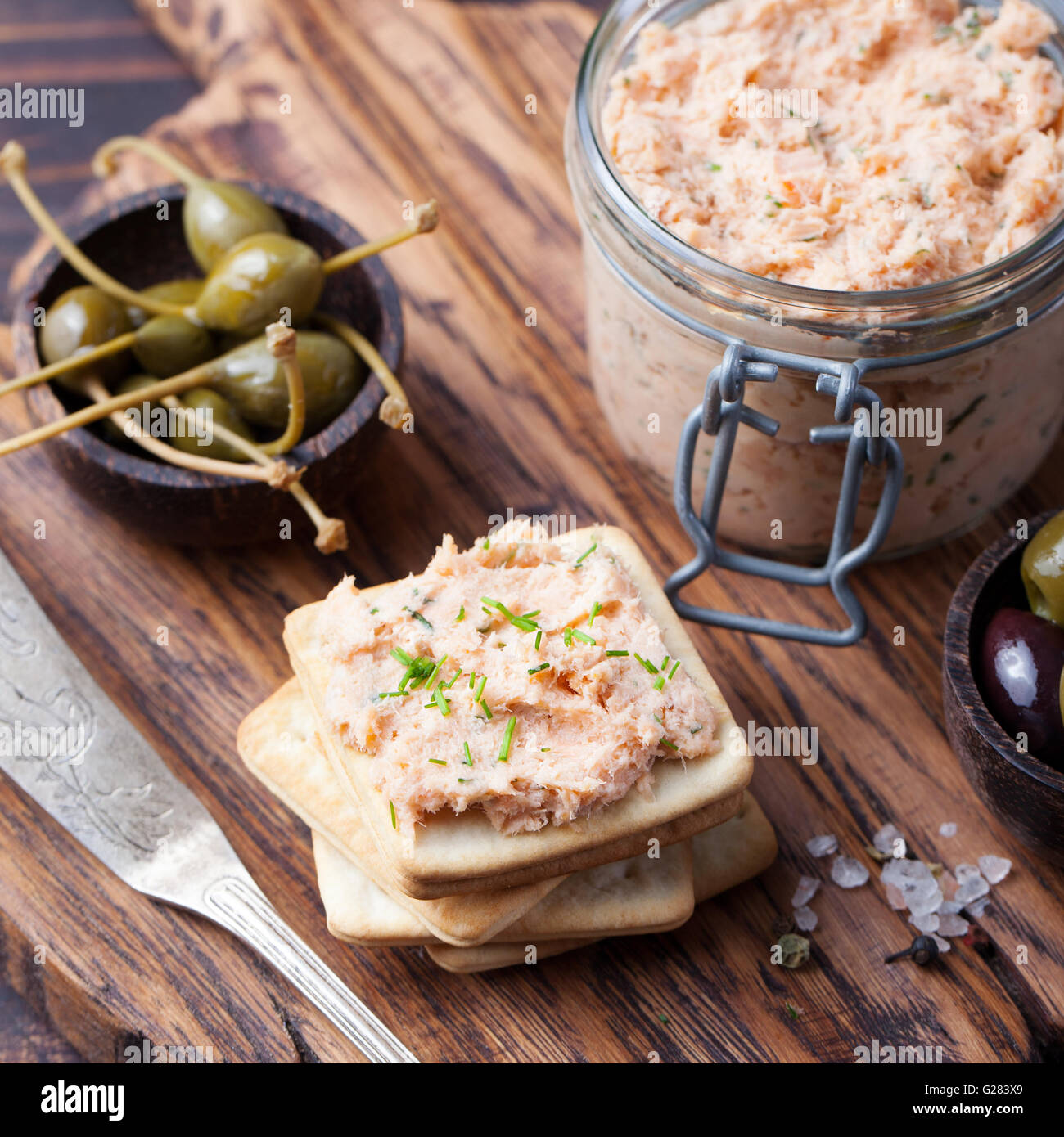 Smoked salmon and cheese spread, pate, crackers Stock Photo Alamy