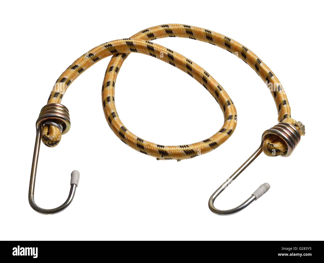 A short yellow bungee cord with metal hooks Stock Photo