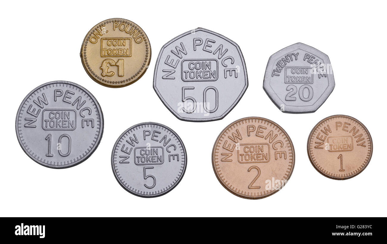A collection of plastic toy coins Stock Photo