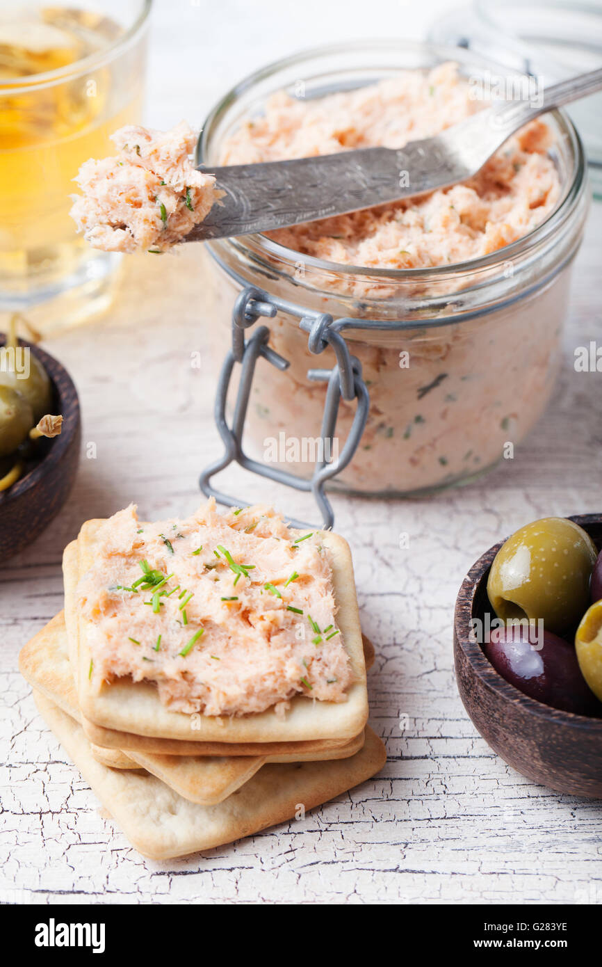 Smoked salmon and cheese spread, pate, crackers Stock Photo Alamy