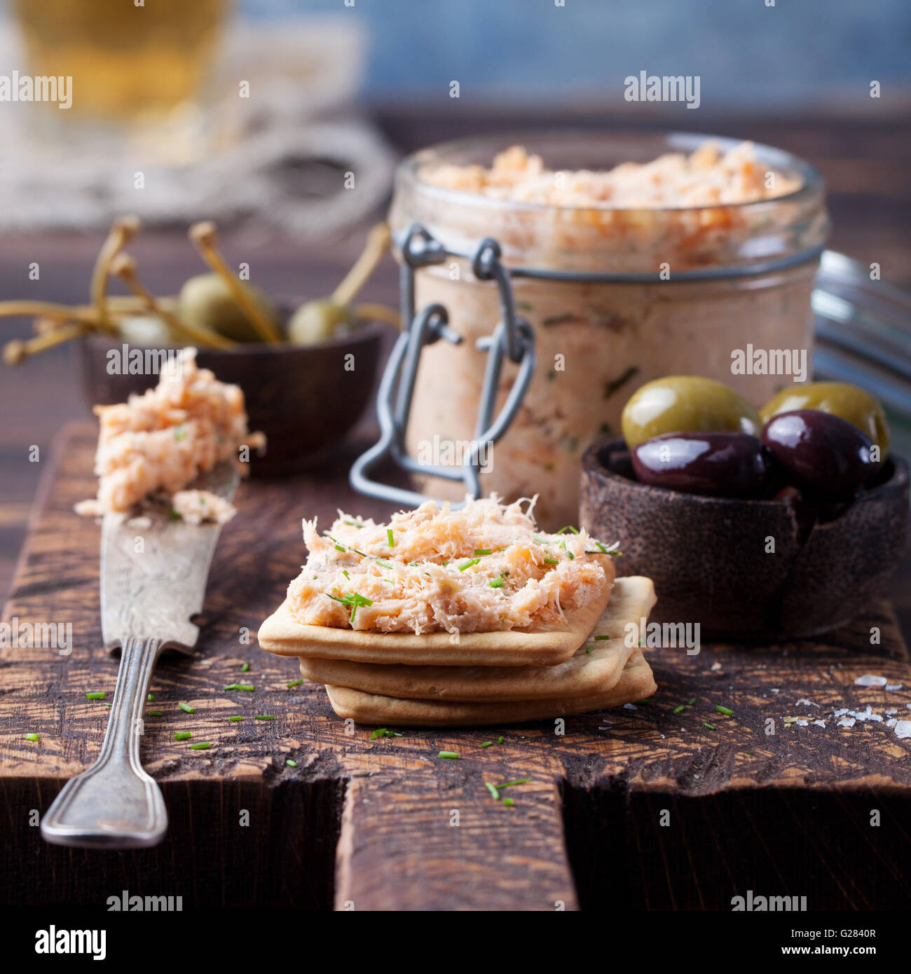 Smoked salmon and cheese spread, pate, crackers Stock Photo Alamy