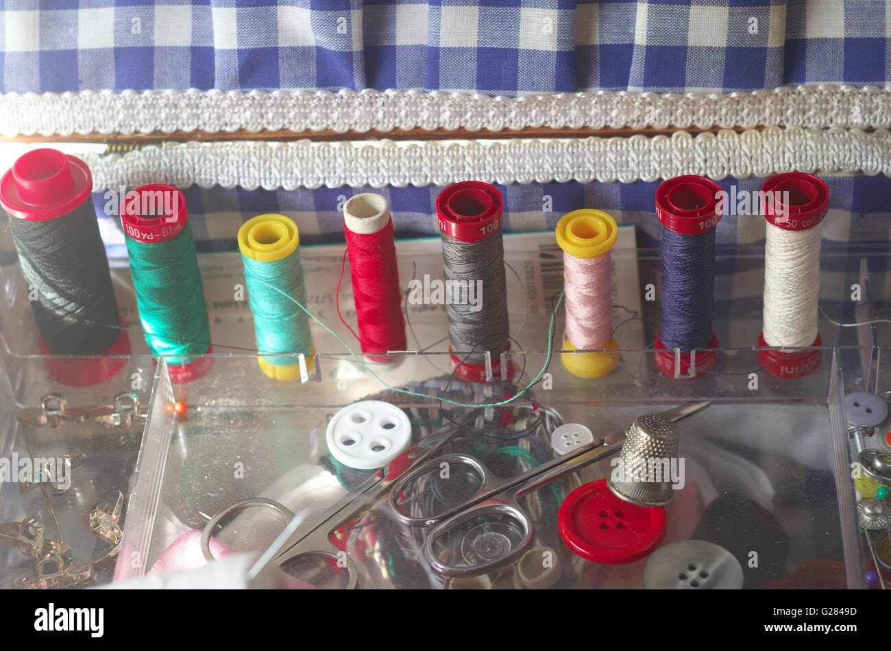 sewing kit, spools of thread scissors, thimble tailor buttons needles